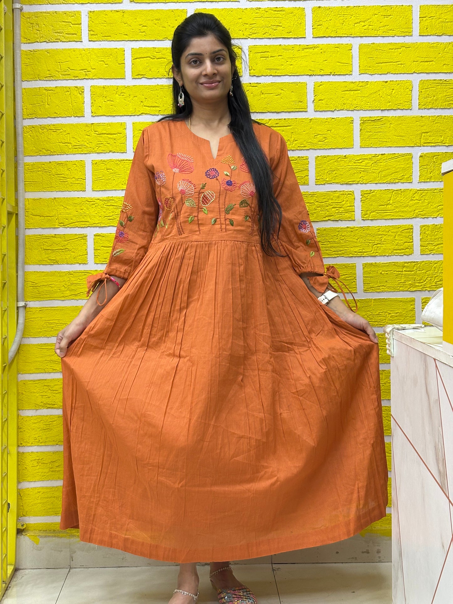 Premium Mul Mul Cotton with Handmade Embroidery Work Rust Color AAKS0KAA10