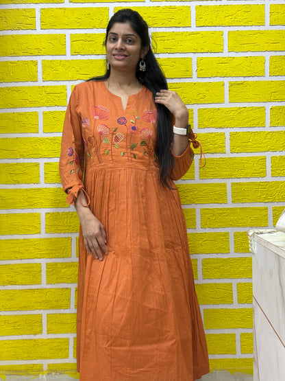 Premium Mul Mul Cotton with Handmade Embroidery Work Rust Color AAKS0KAA10