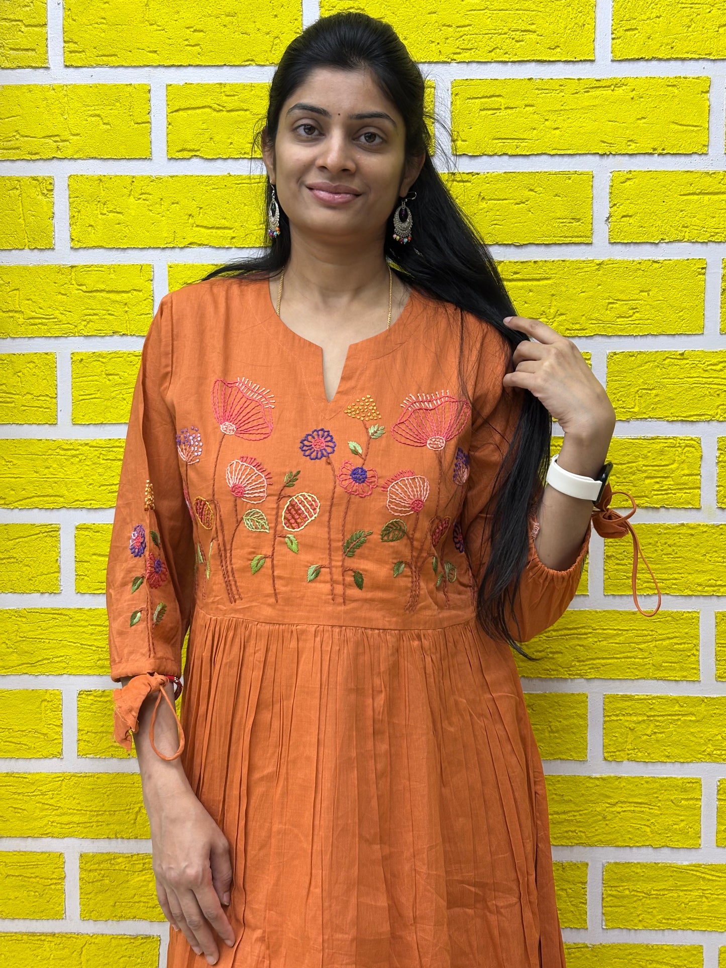 Premium Mul Mul Cotton with Handmade Embroidery Work Rust Color AAKS0KAA10