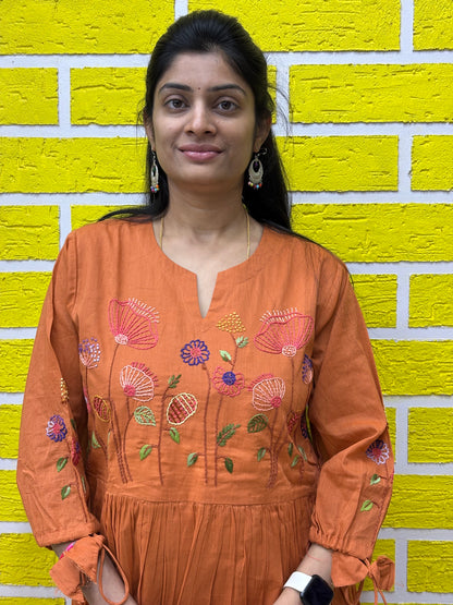 Premium Mul Mul Cotton with Handmade Embroidery Work Rust Color AAKS0KAA10