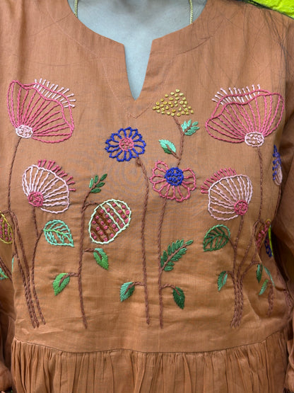 Premium Mul Mul Cotton with Handmade Embroidery Work Rust Color AAKS0KAA10