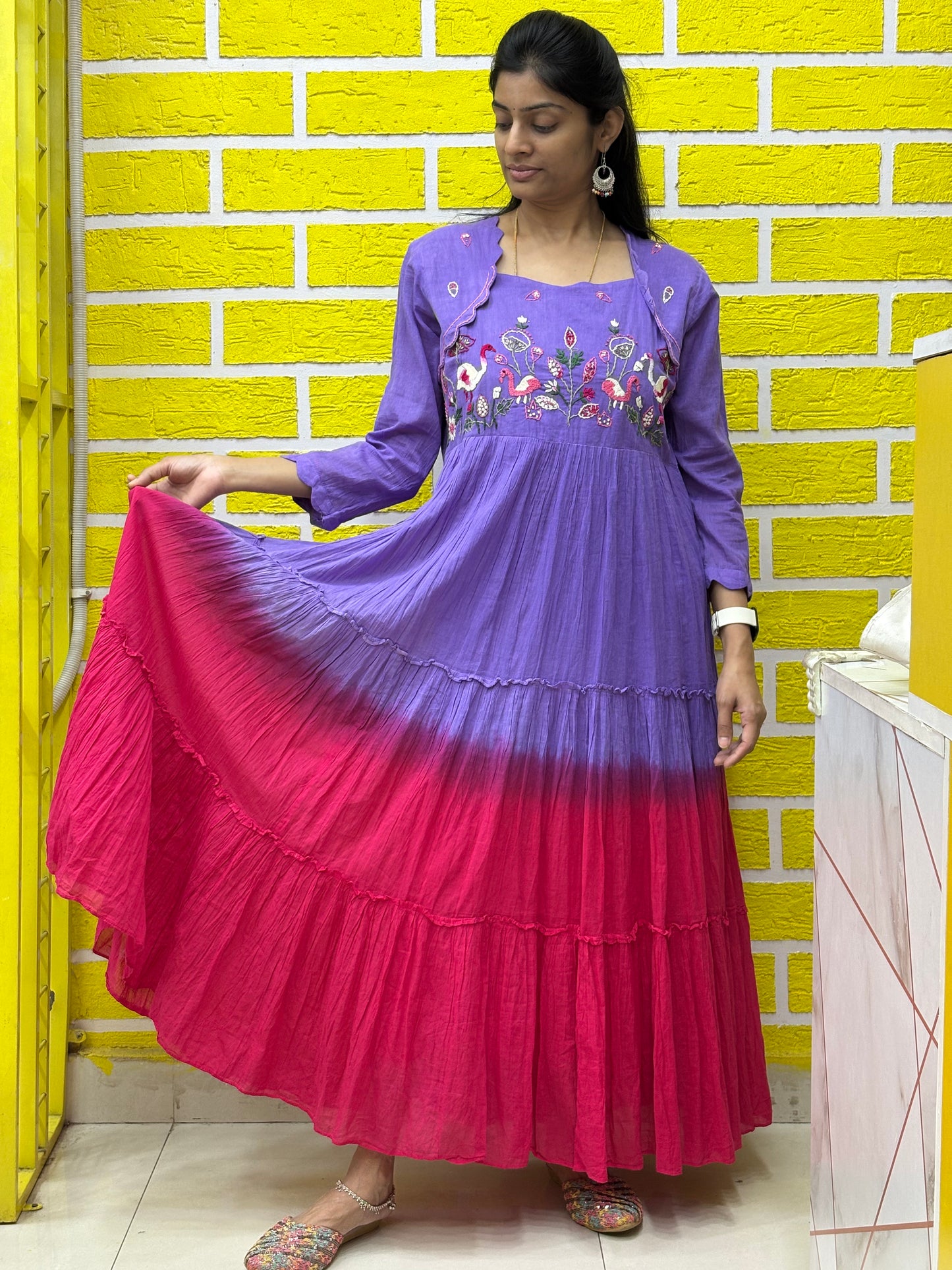 Gradient Dual Color Mul Mul Cotton Premium Frock with Hand work Lavender and Pink AAKS0KAA5