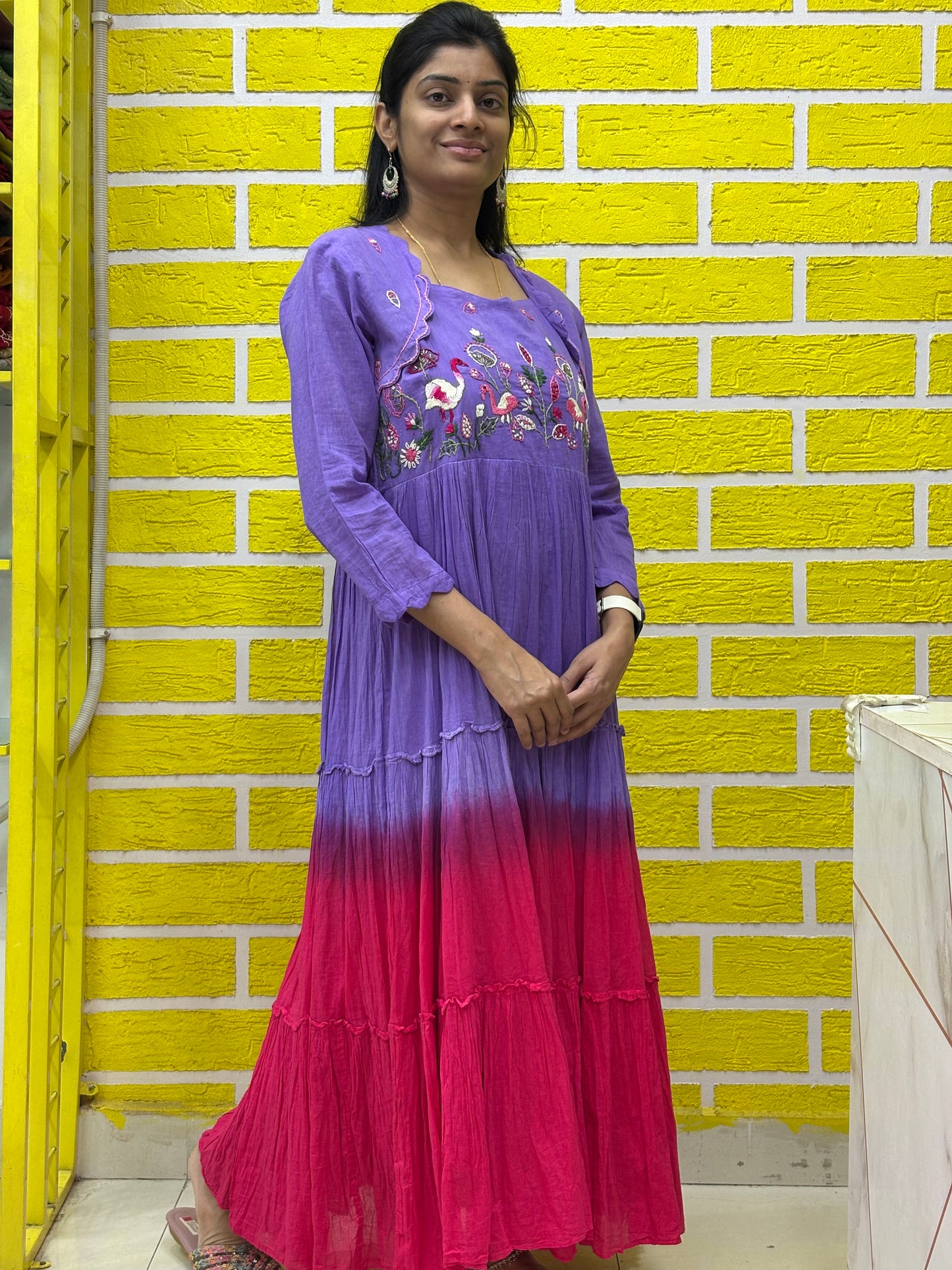 Gradient Dual Color Mul Mul Cotton Premium Frock with Hand work Lavender and Pink AAKS0KAA5