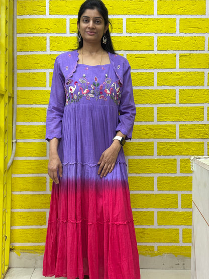 Gradient Dual Color Mul Mul Cotton Premium Frock with Hand work Lavender and Pink AAKS0KAA5