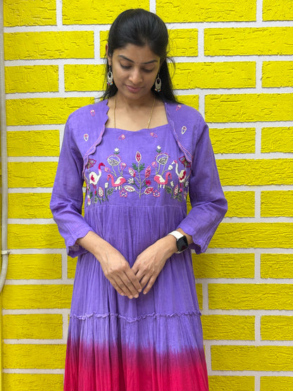 Gradient Dual Color Mul Mul Cotton Premium Frock with Hand work Lavender and Pink AAKS0KAA5
