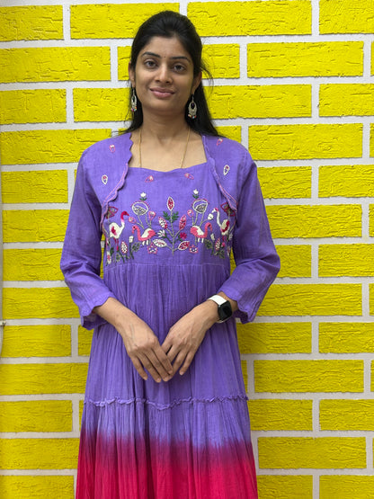 Gradient Dual Color Mul Mul Cotton Premium Frock with Hand work Lavender and Pink AAKS0KAA5