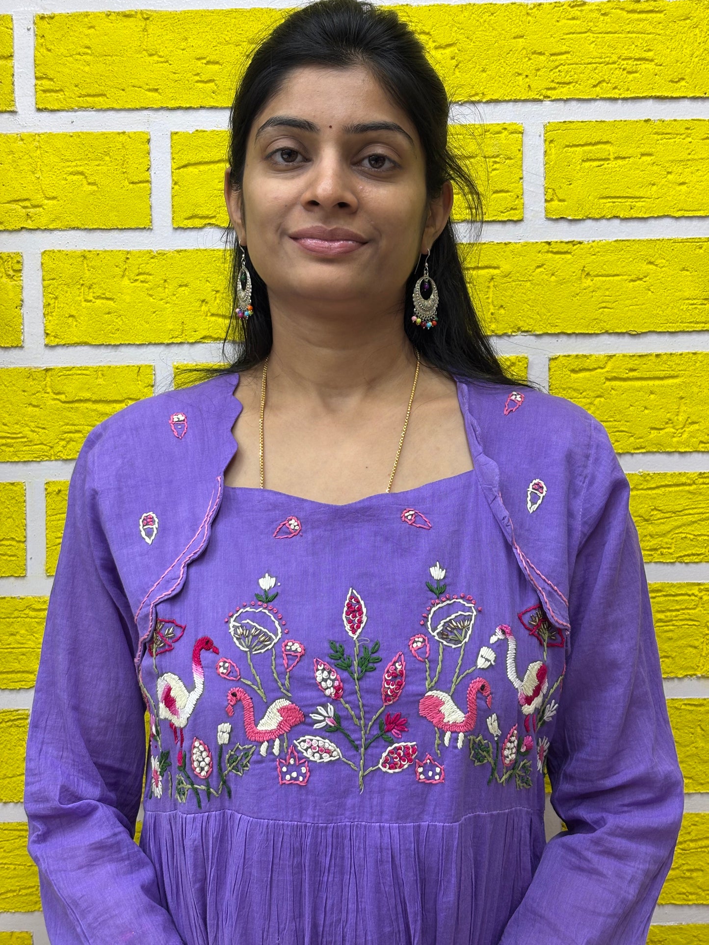 Gradient Dual Color Mul Mul Cotton Premium Frock with Hand work Lavender and Pink AAKS0KAA5