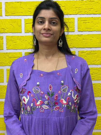 Gradient Dual Color Mul Mul Cotton Premium Frock with Hand work Lavender and Pink AAKS0KAA5