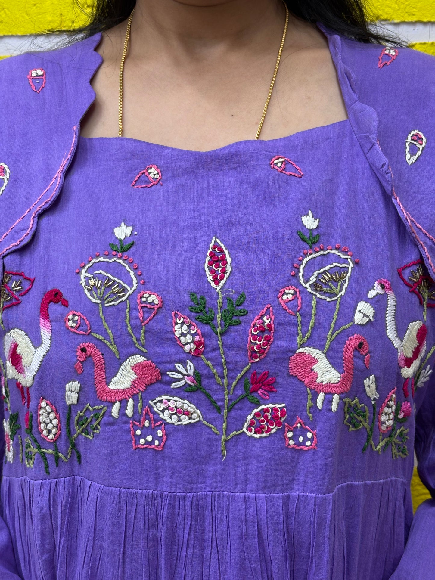 Gradient Dual Color Mul Mul Cotton Premium Frock with Hand work Lavender and Pink AAKS0KAA5