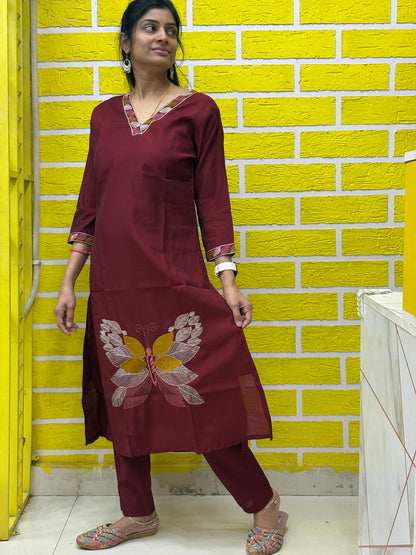 Roman Silk Embroidery Work with Lining Maroon color - Co-ord Set AACS0V26201