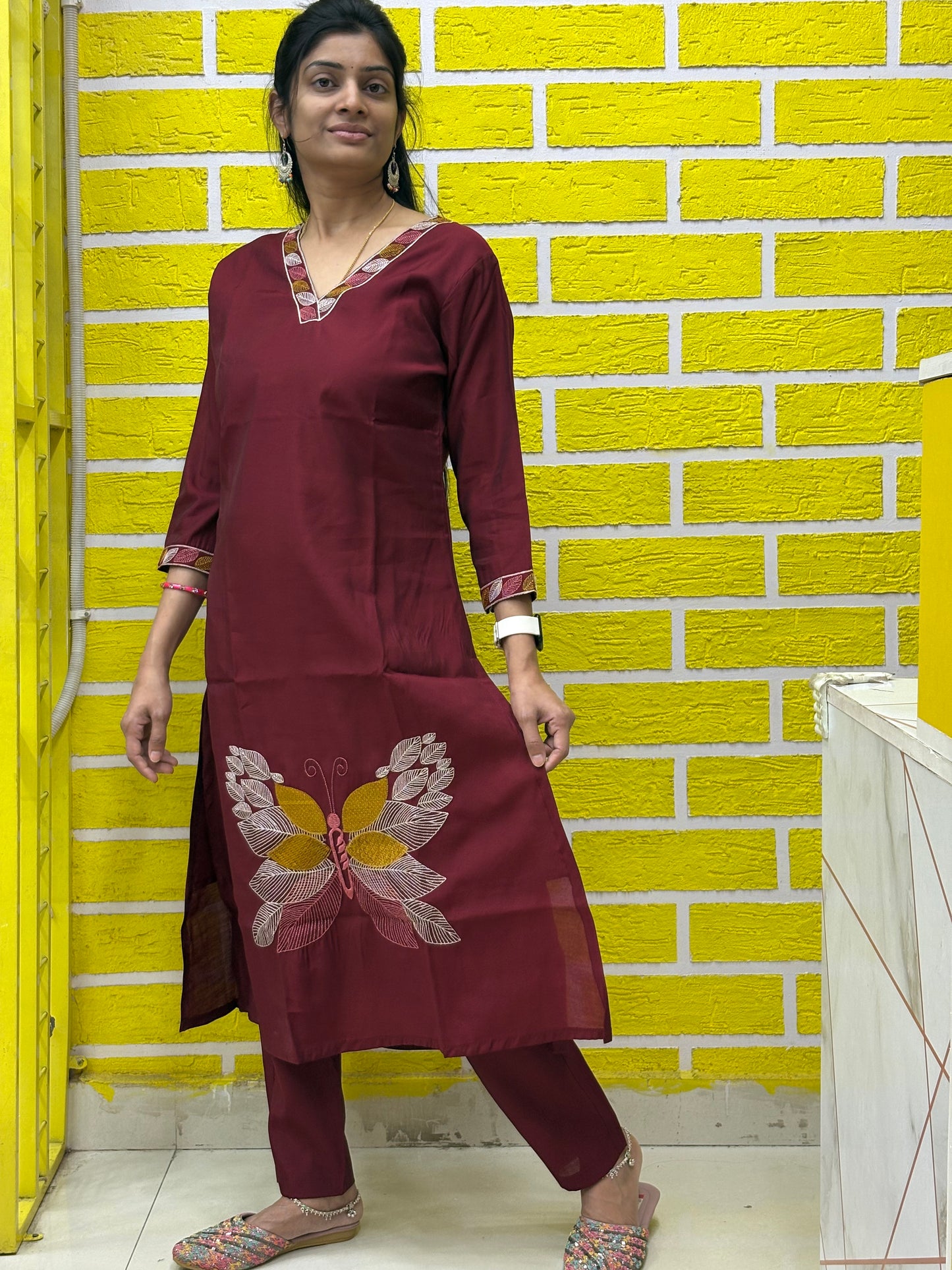 Roman Silk Embroidery Work with Lining Maroon color - Co-ord Set AACS0V26201