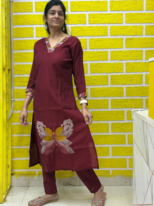 Roman Silk Embroidery Work with Lining Maroon color - Co-ord Set AACS0V26201
