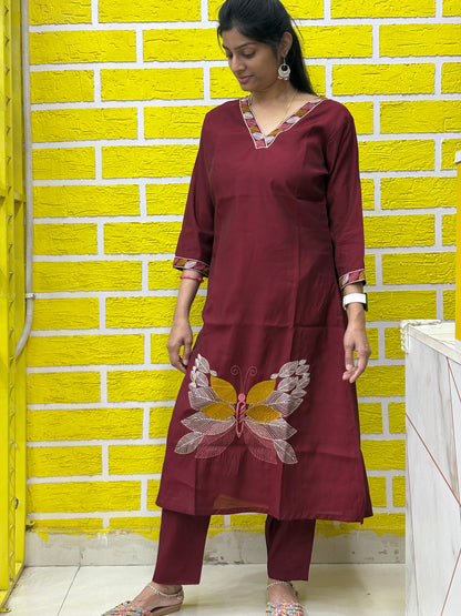 Roman Silk Embroidery Work with Lining Maroon color - Co-ord Set AACS0V26201