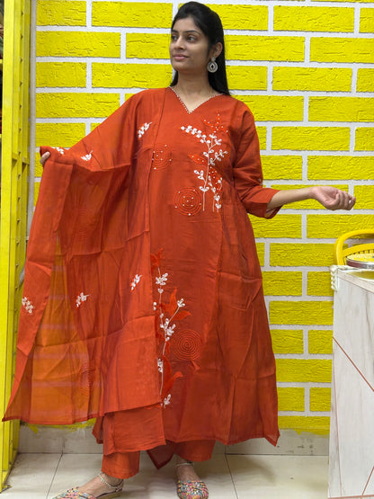 Rust Brown Embroidered Kurti Set with Matching Dupatta Kurti Set AAKS0UL1