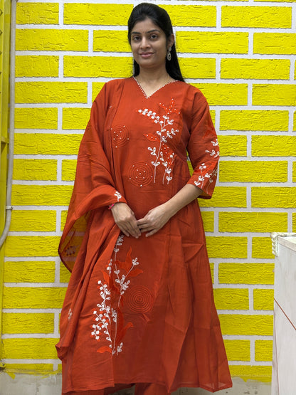 Rust Brown Embroidered Kurti Set with Matching Dupatta Kurti Set AAKS0UL1