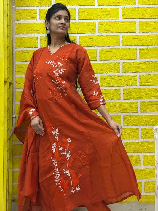 Rust Brown Embroidered Kurti Set with Matching Dupatta Kurti Set AAKS0UL1
