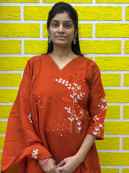 Rust Brown Embroidered Kurti Set with Matching Dupatta Kurti Set AAKS0UL1