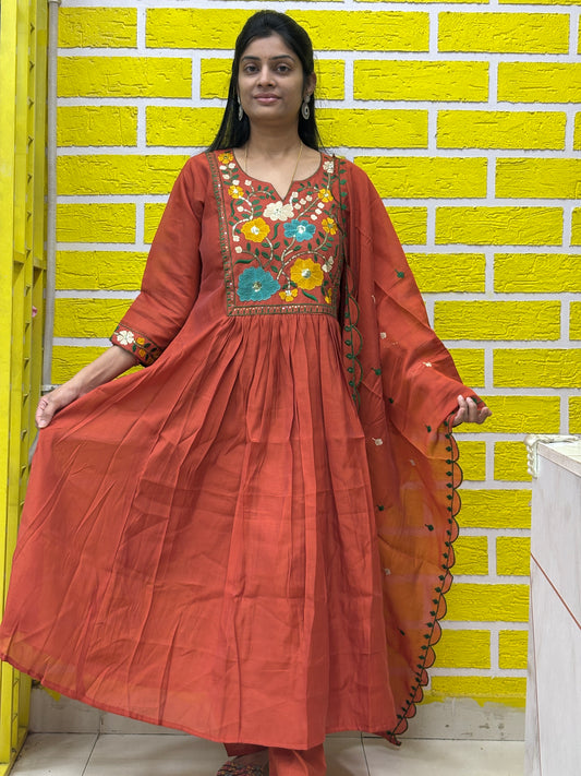 Rust Orange Embroidered Kurti Set with Matching Dupatta Kurti Set AAKS0UL5