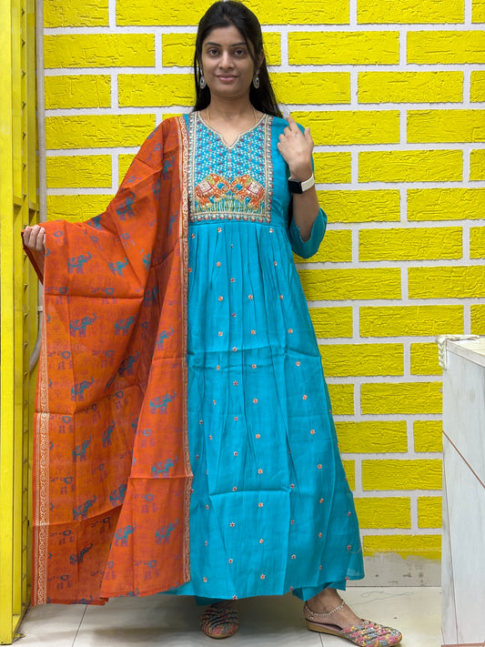 Deep Sky Blue Embroidered Kurti Set with Printed Dupatta Kurti Set AAKS0UL2