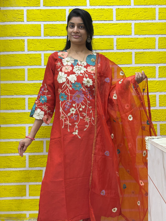 Deep Red Floral Embroidered Kurti Set with Sheer Dupatta Kurti Set AAKS0UL6