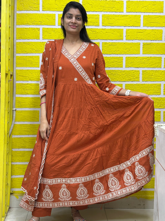 Rust Brown Embroidered Cotton Anarkali Kurti Set AAKS0VCE3