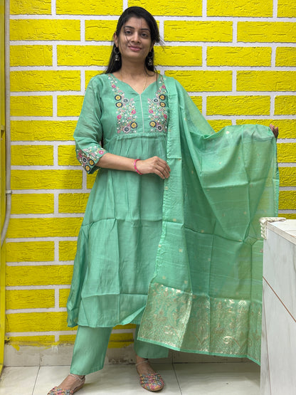 Mint Green Embroidered Kurti Set with Dupatta AAKS0VCE1