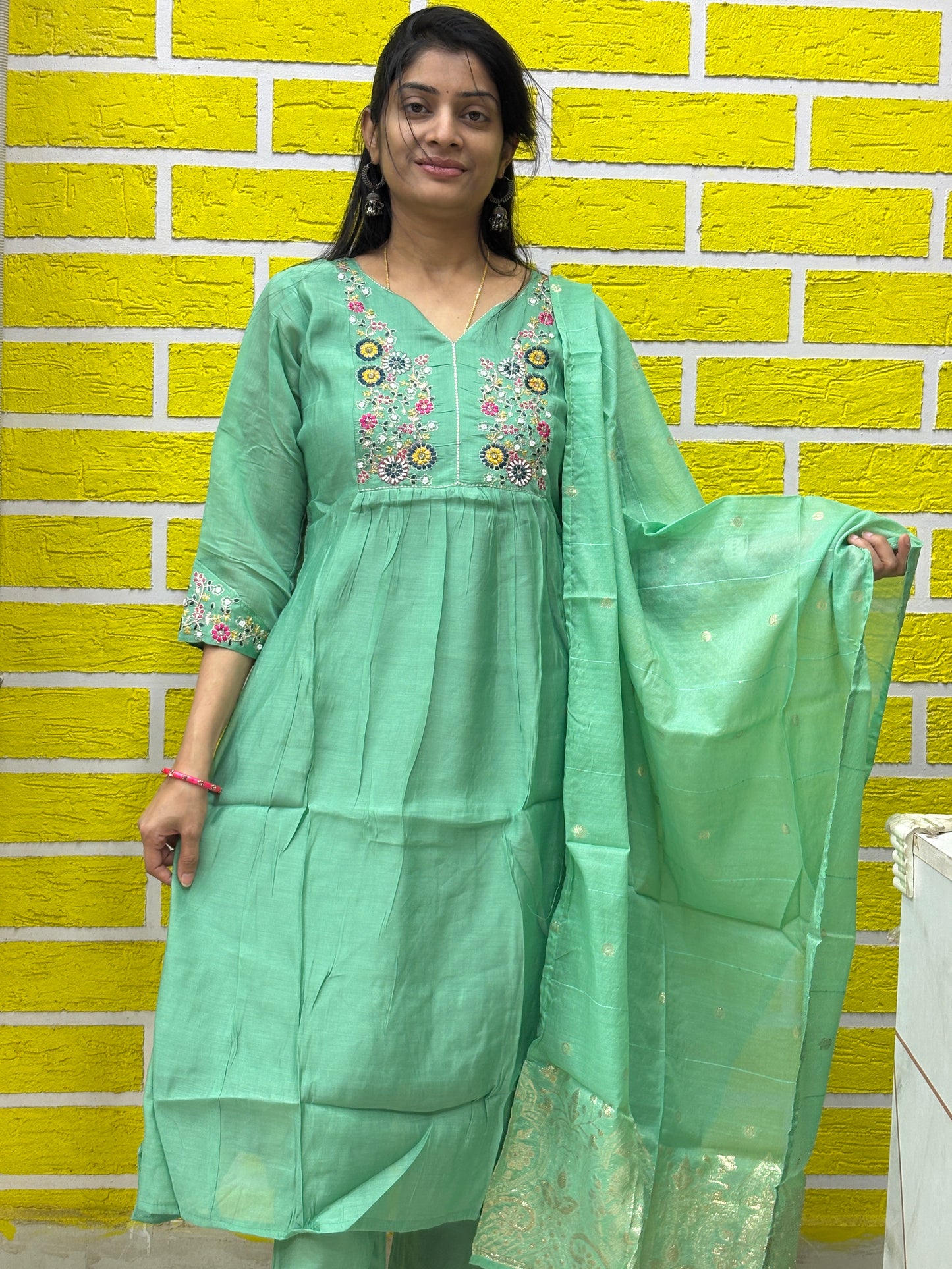 Mint Green Embroidered Kurti Set with Dupatta AAKS0VCE1