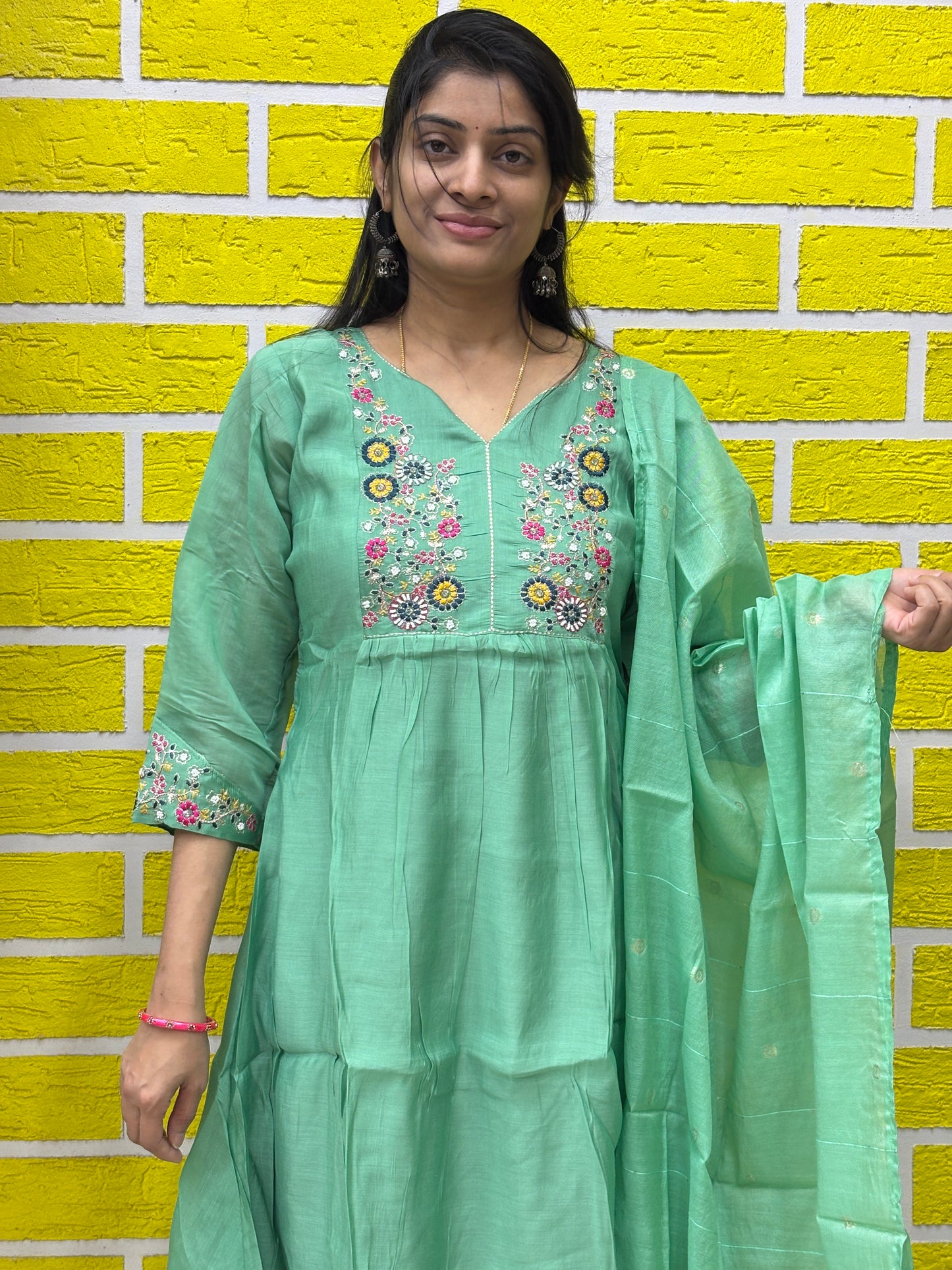Mint Green Embroidered Kurti Set with Dupatta AAKS0VCE1
