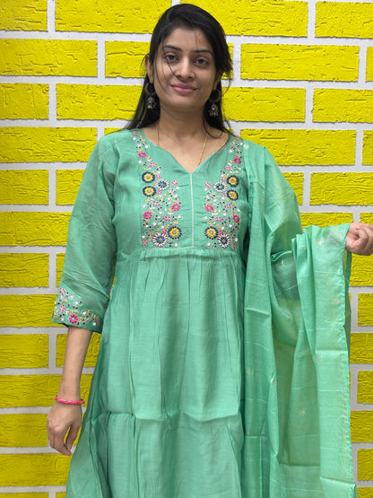 Mint Green Embroidered Kurti Set with Dupatta AAKS0VCE1