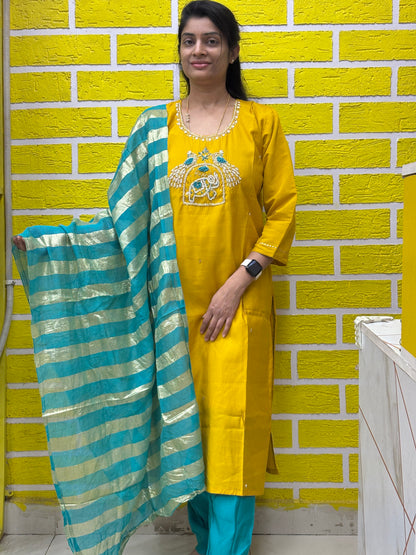 Mul Chanderi Kurti Set with Contrast Dupatta AAKS0VCE7
