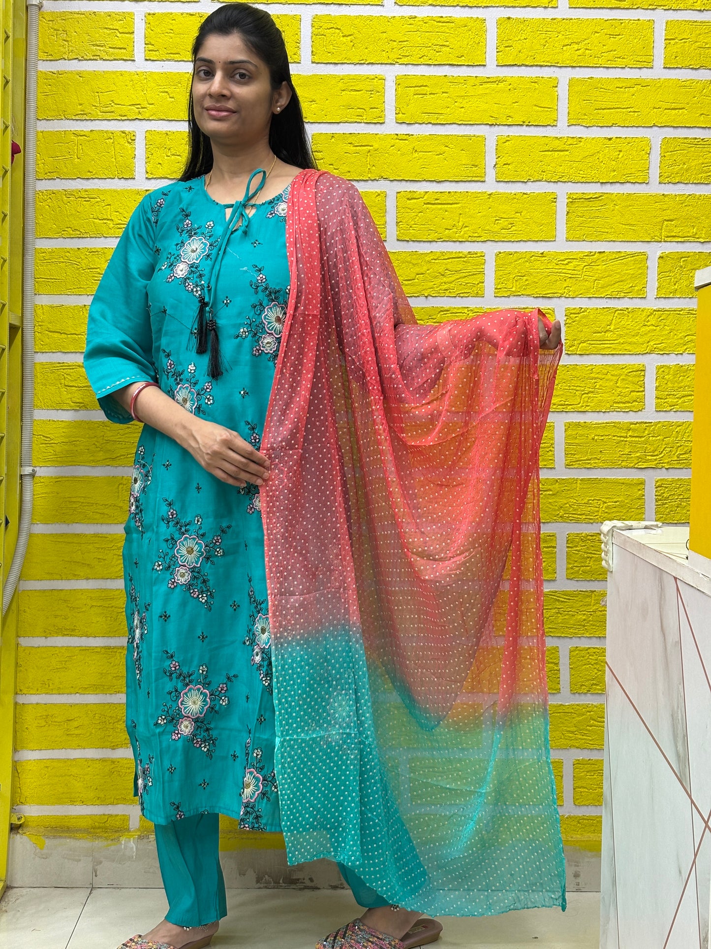Teal Green Floral Printed Kurti Set with Contrast Dupatta AAKS0VCE9