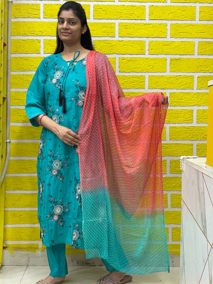 Teal Green Floral Printed Kurti Set with Contrast Dupatta AAKS0VCE9