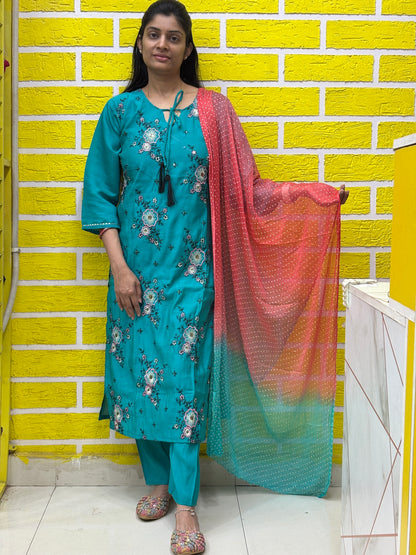 Teal Green Floral Printed Kurti Set with Contrast Dupatta AAKS0VCE9