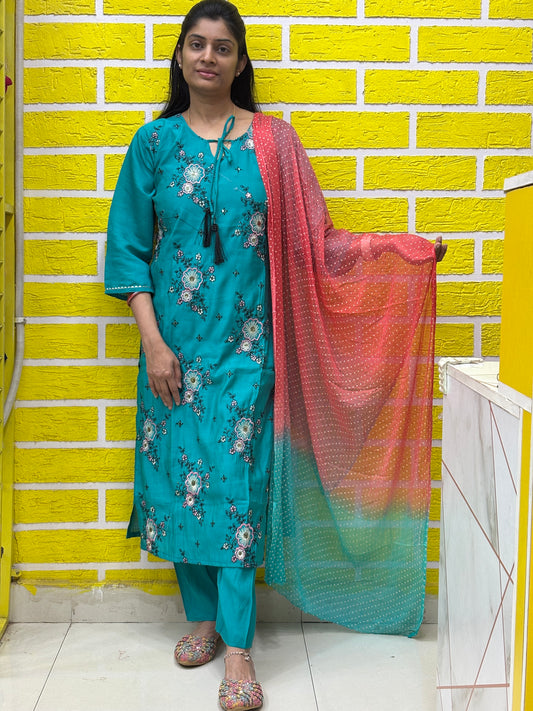 Teal Green Floral Printed Kurti Set with Contrast Dupatta AAKS0VCE9