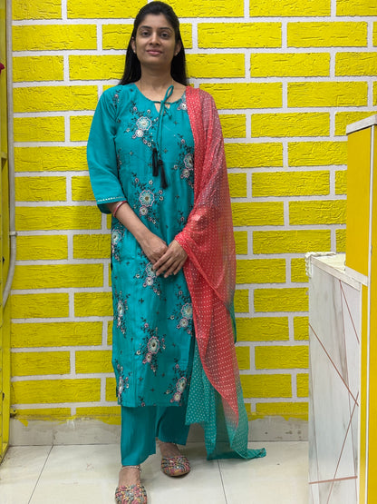 Teal Green Floral Printed Kurti Set with Contrast Dupatta AAKS0VCE9