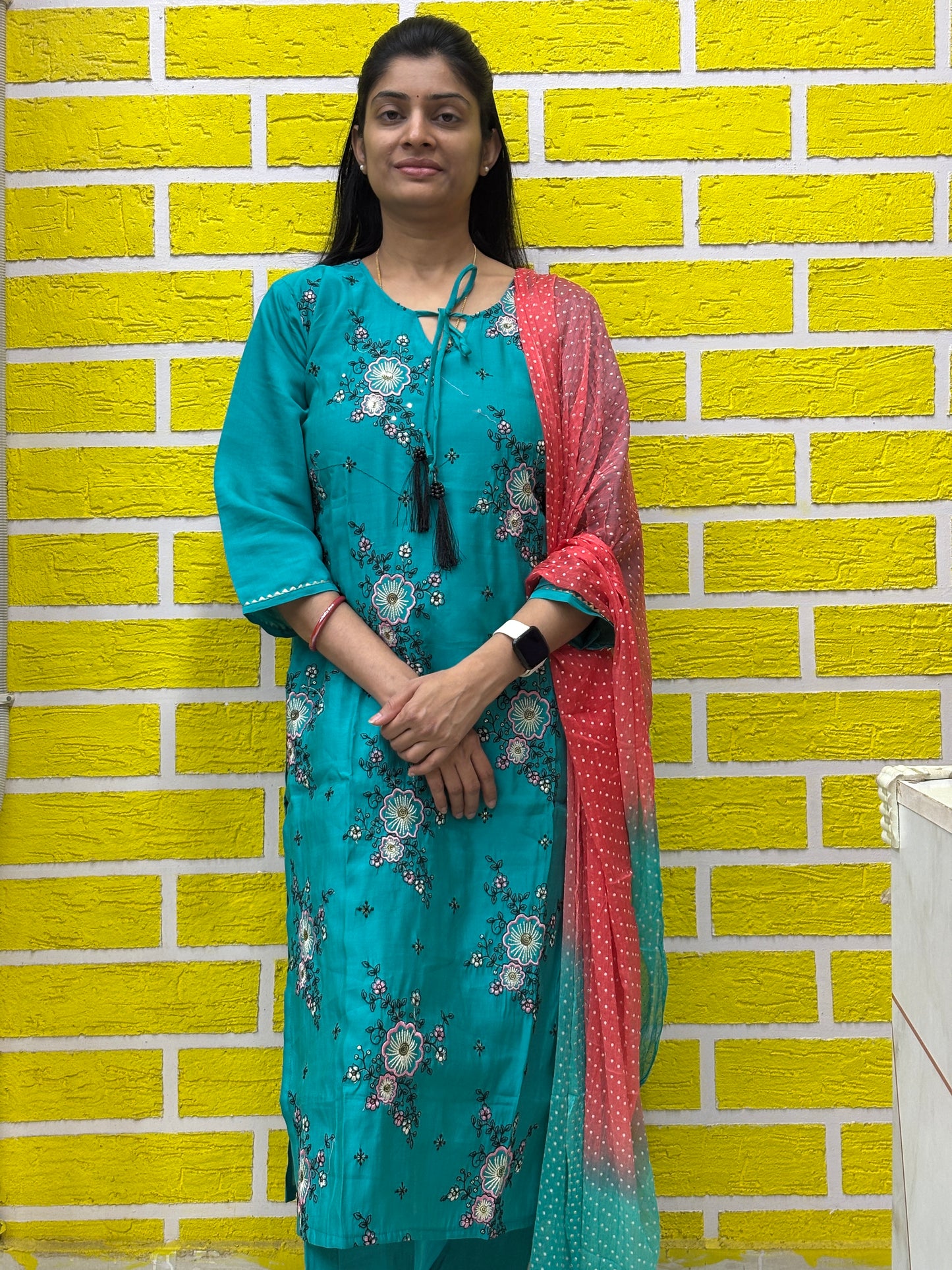 Teal Green Floral Printed Kurti Set with Contrast Dupatta AAKS0VCE9