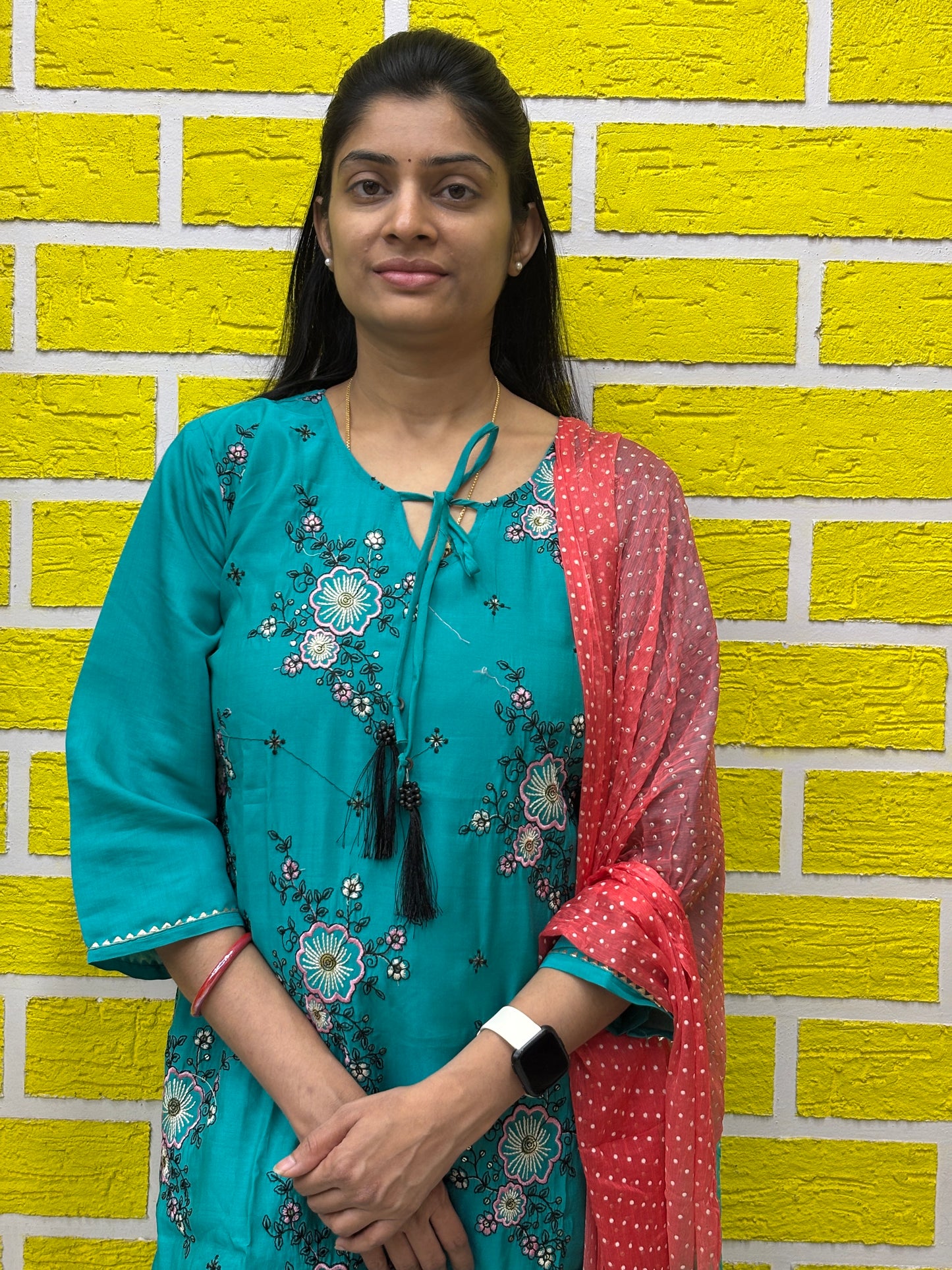 Teal Green Floral Printed Kurti Set with Contrast Dupatta AAKS0VCE9