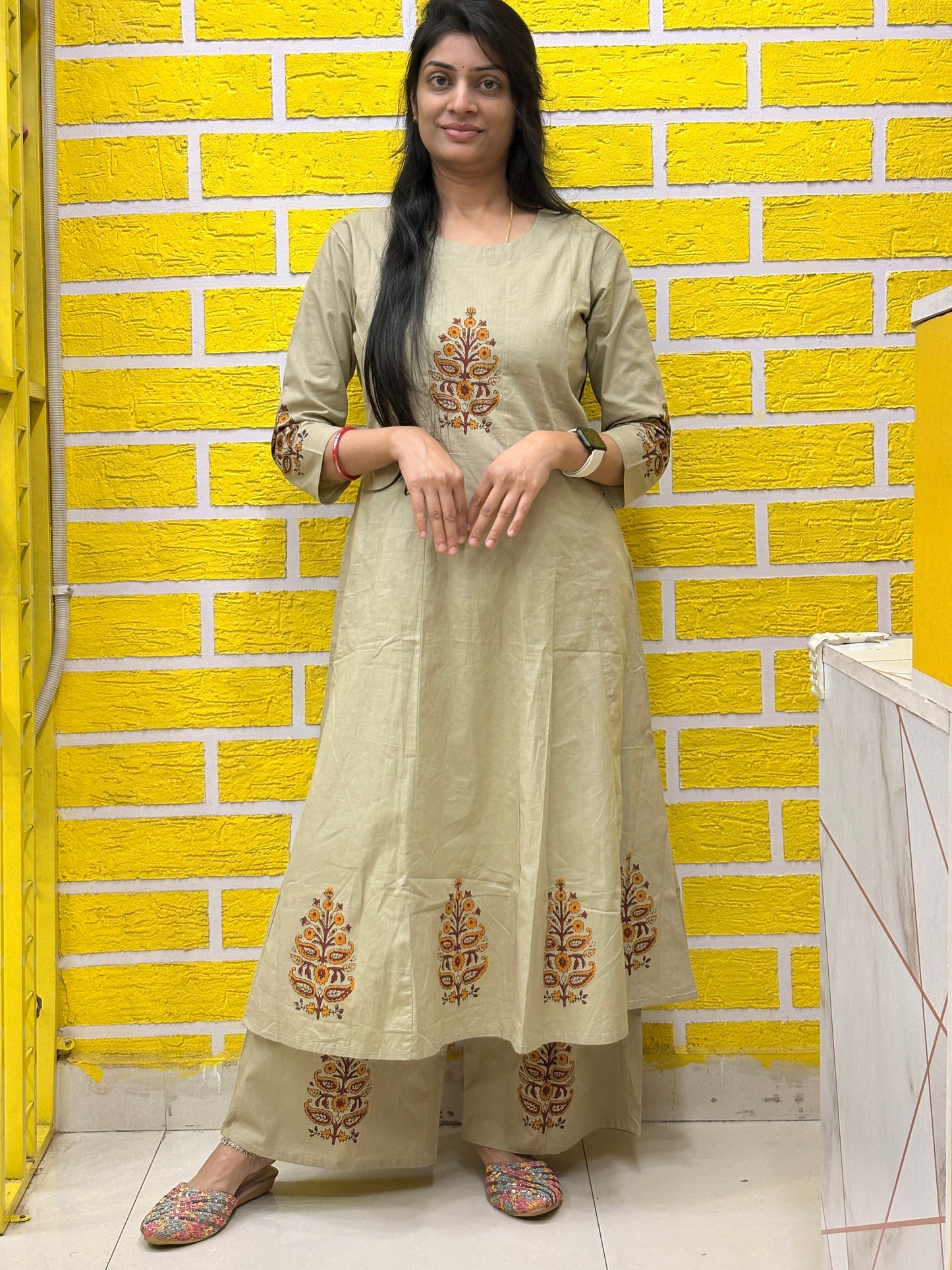 Beige Printed Co-ord Set with Palazzo AACS26002