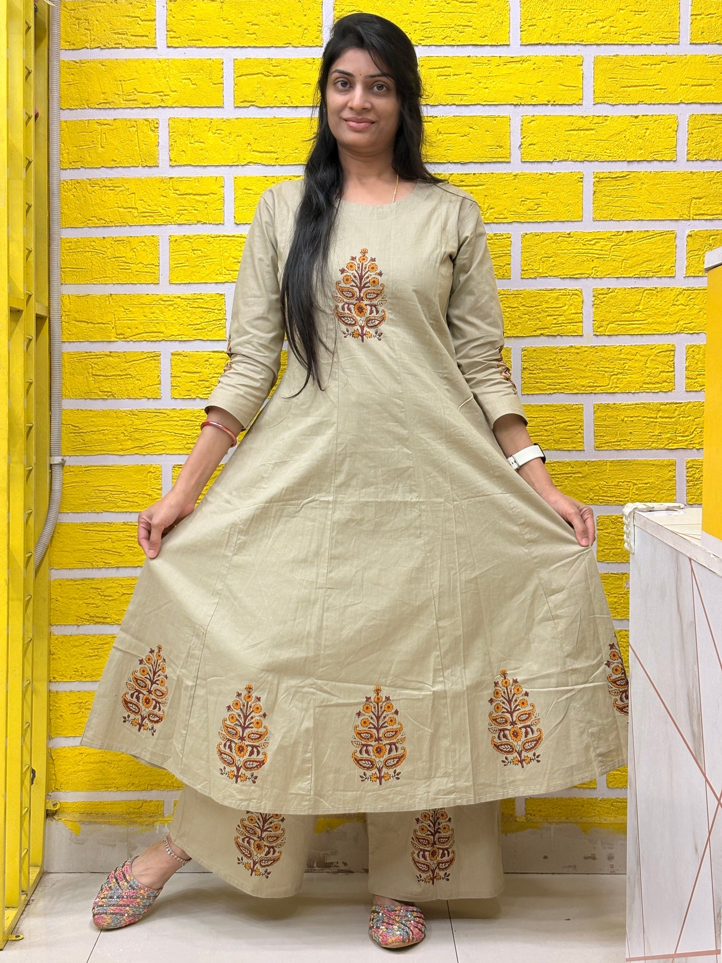 Beige Printed Co-ord Set with Palazzo AACS26002