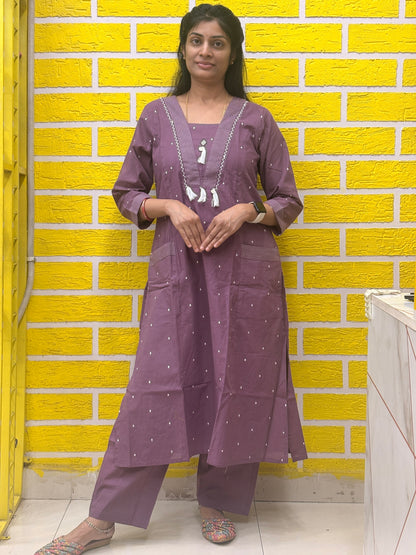 Pure Cotton Mauve with Tassel Detailing Co-ord Set-AACS50062