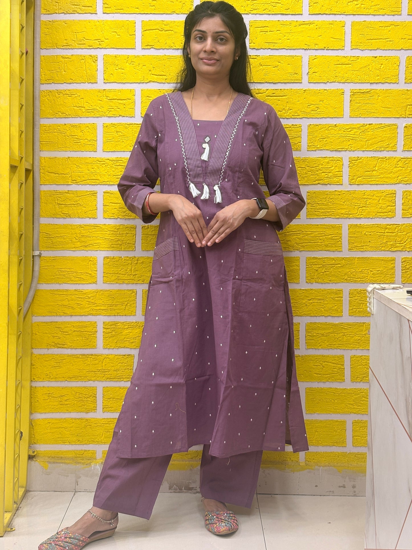 Pure Cotton Mauve with Tassel Detailing Co-ord Set-AACS50062