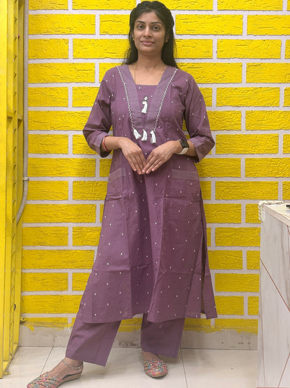 Pure Cotton Mauve with Tassel Detailing Co-ord Set-AACS50062