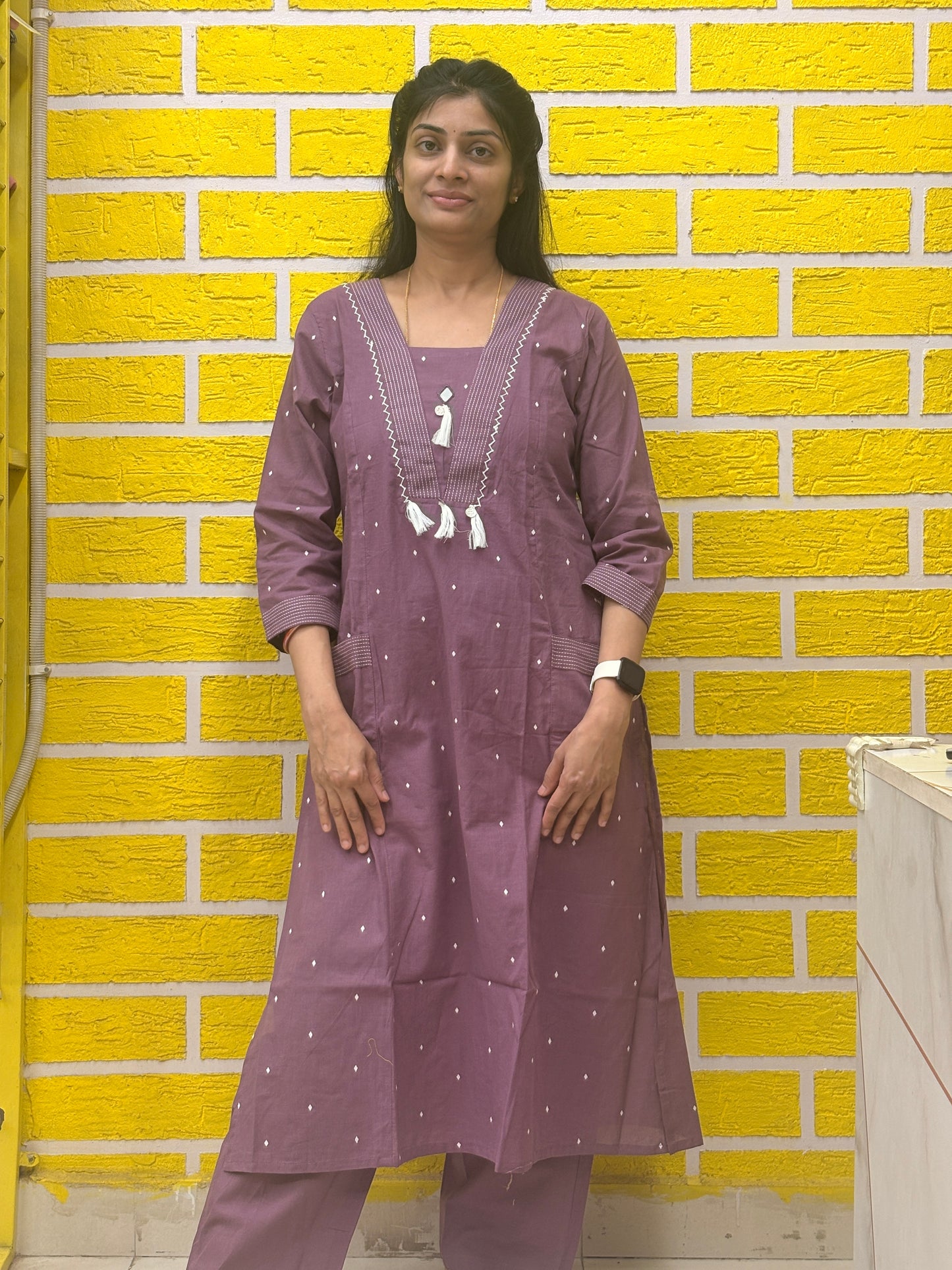 Pure Cotton Mauve with Tassel Detailing Co-ord Set-AACS50062