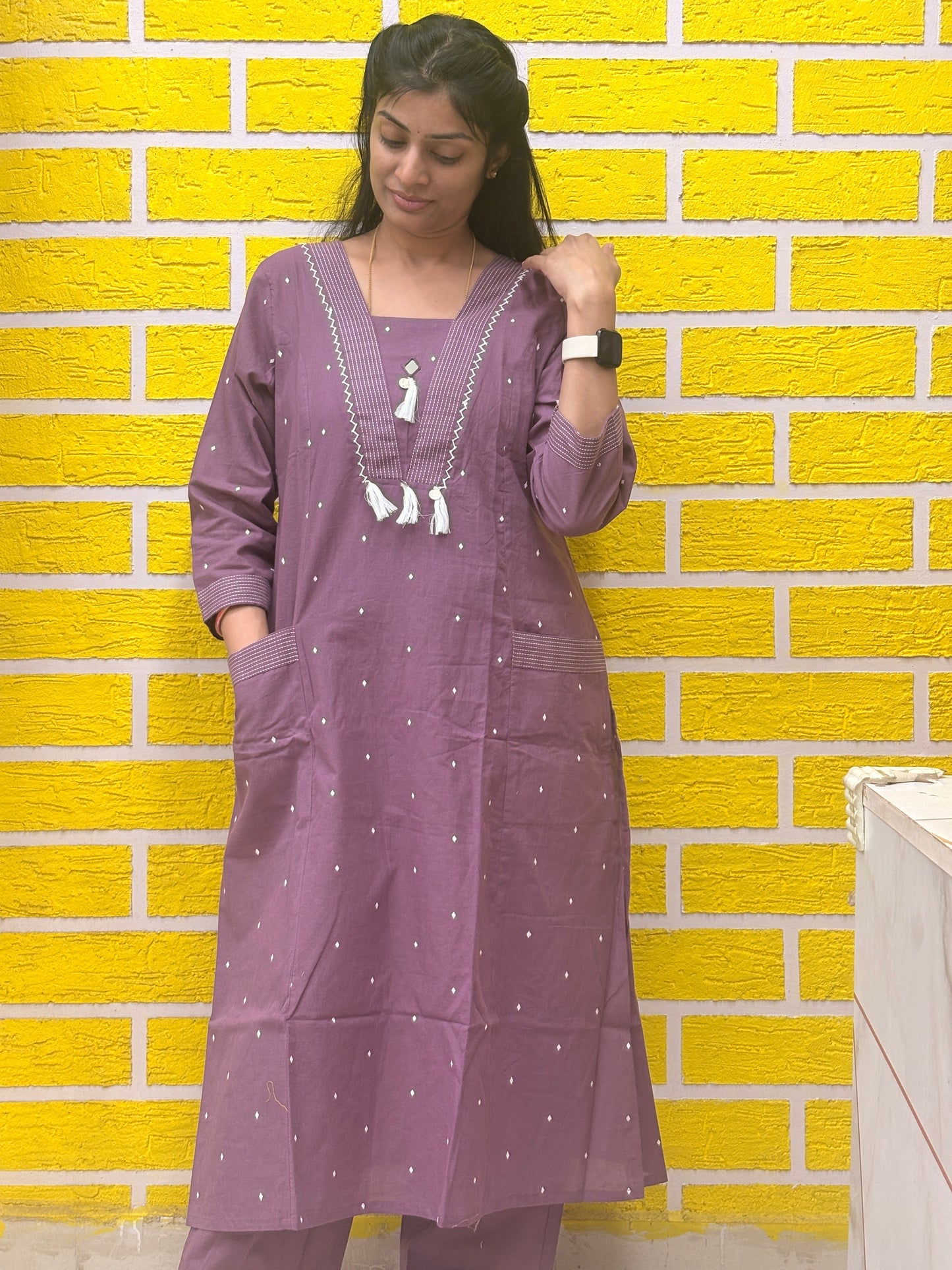 Pure Cotton Mauve with Tassel Detailing Co-ord Set-AACS50062