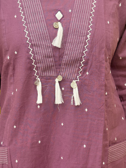 Pure Cotton Mauve with Tassel Detailing Co-ord Set-AACS50062