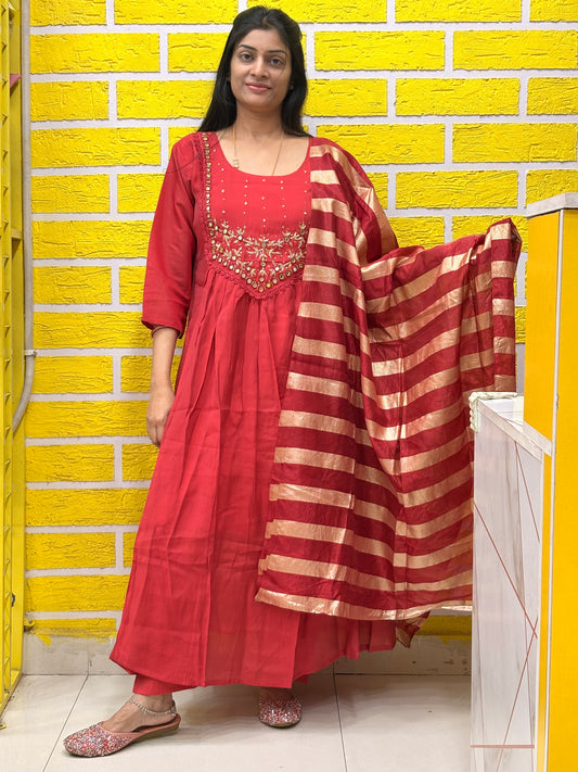 Red Embroidered Mul Chanderi Kurti Set with Striped Dupatta AAKS0VF2