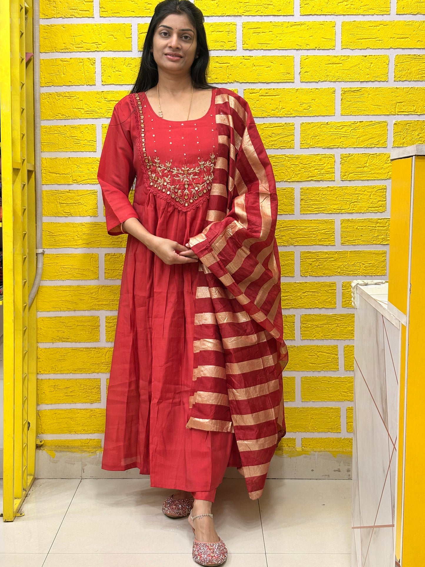 Red Embroidered Mul Chanderi Kurti Set with Striped Dupatta AAKS0VF2