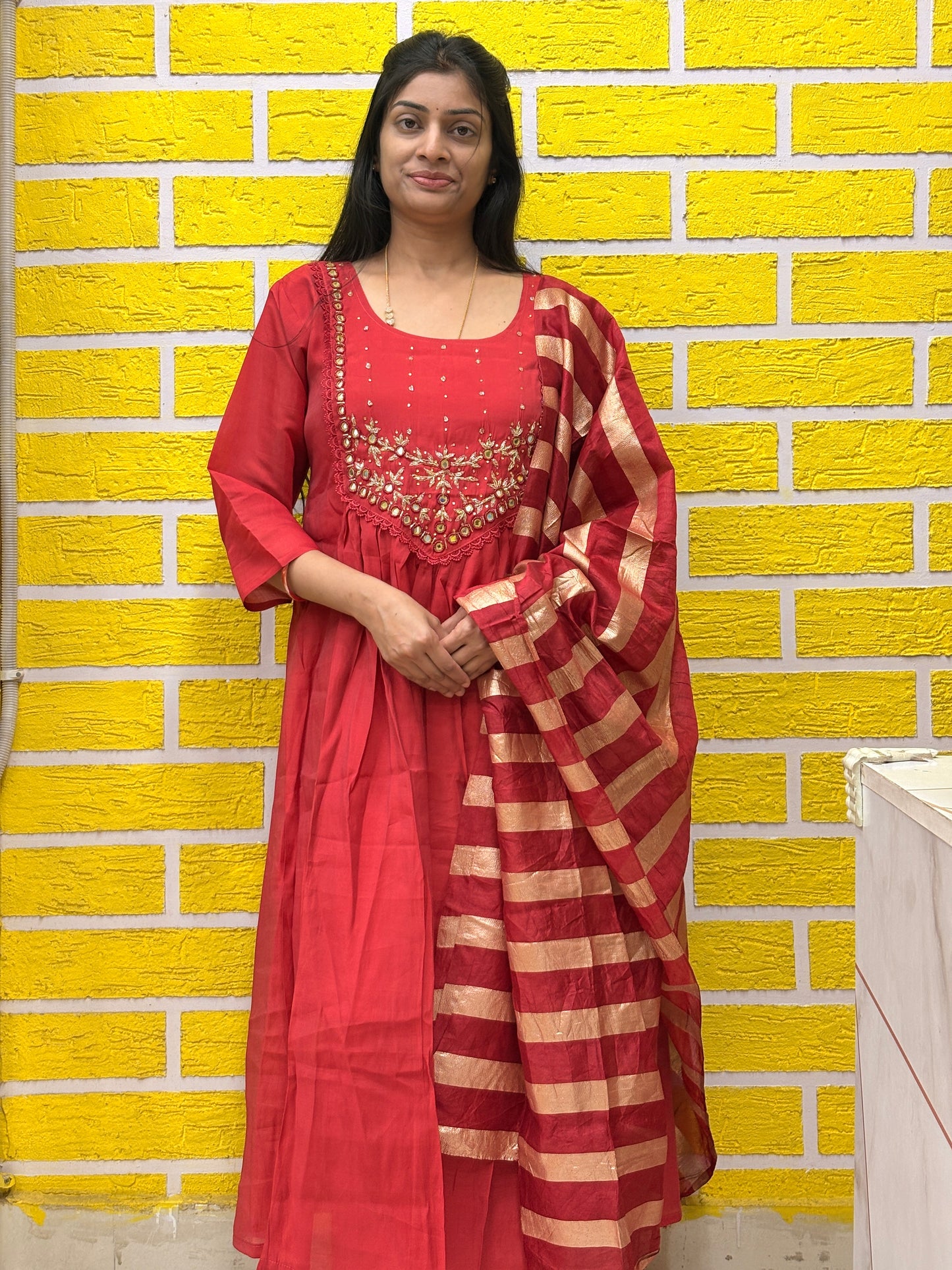 Red Embroidered Mul Chanderi Kurti Set with Striped Dupatta AAKS0VF2