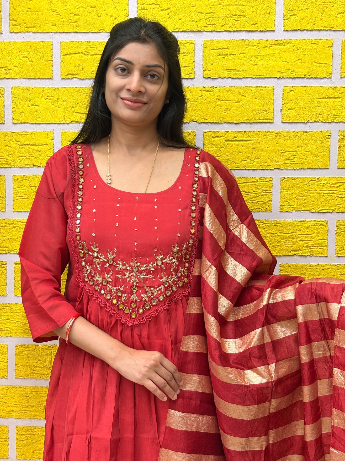 Red Embroidered Mul Chanderi Kurti Set with Striped Dupatta AAKS0VF2