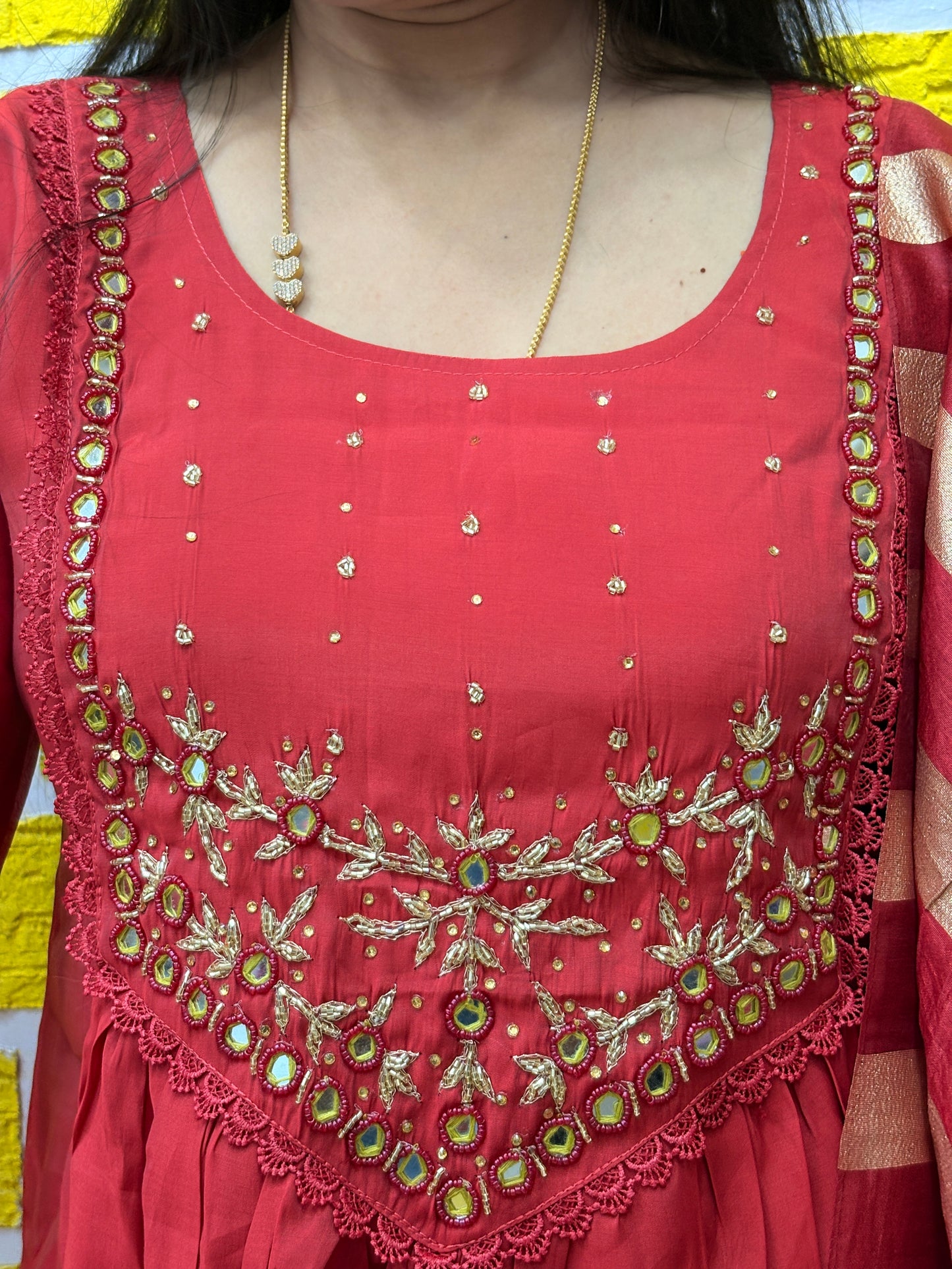 Red Embroidered Mul Chanderi Kurti Set with Striped Dupatta AAKS0VF2